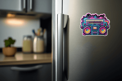 Colorful Galaxy Groove Boombox Sticker on a stainless steel refrigerator, adding personality and style.