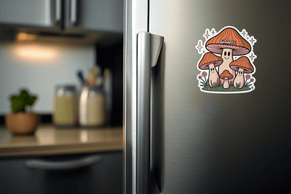 Colorful Groovy Mushroom Vibes Sticker on a refrigerator, adding a fun and artistic touch to home decor.