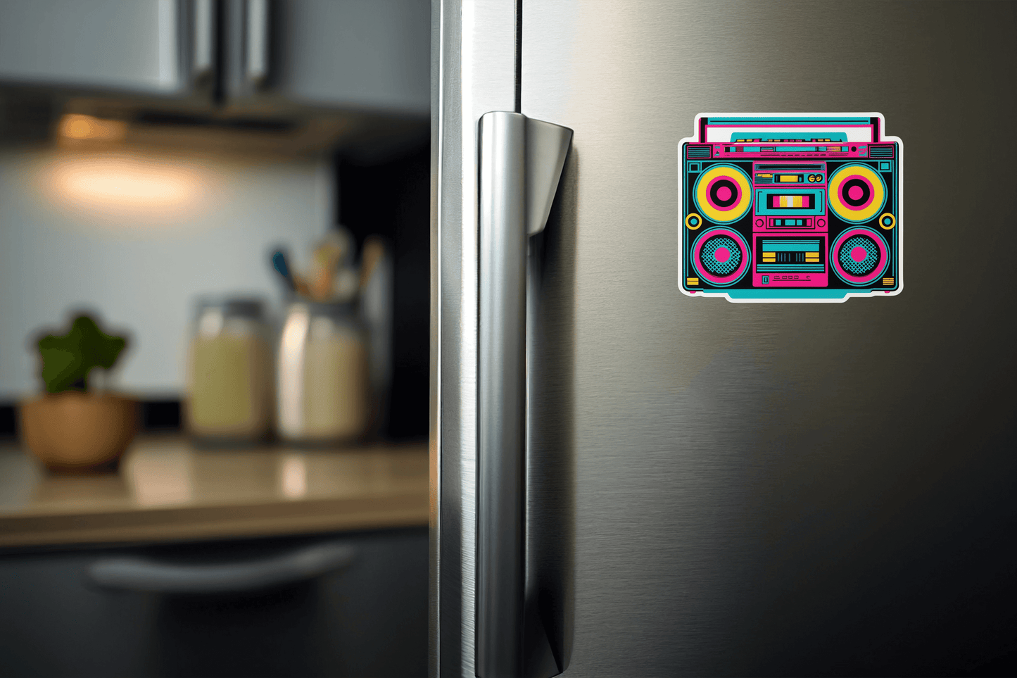 Colorful Retro Boombox Vibes vinyl sticker on a silver refrigerator in a modern kitchen.