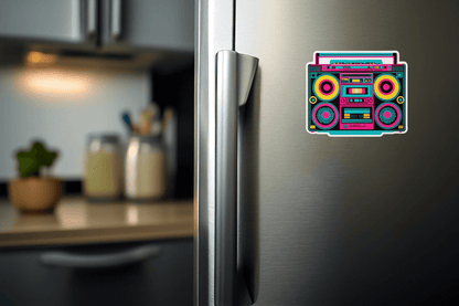 Colorful Retro Boombox Vibes vinyl sticker on a silver refrigerator in a modern kitchen.