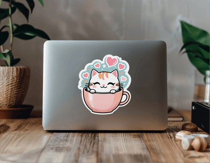 Kawaii Coffee Cat Vinyl Sticker on a laptop, featuring a cute cat in a pink cup surrounded by hearts.