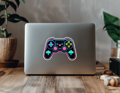 Level Up Neon Controller Vinyl Sticker on a laptop showcasing a colorful gaming controller design.