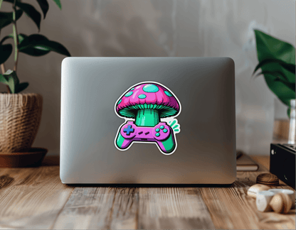 Pixel Power-Up: Retro Gaming Nostalgia Sticker on a laptop, featuring a vibrant mushroom and game controller design.