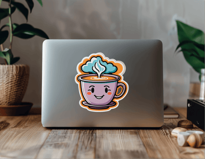 Coffee Vibes Only – Retro Coffee Cup Sticker on laptop, colorful design showcasing coffee cup with steam.