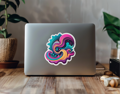 Psychedelic Muse: Abstract Dreams Edition Vinyl Sticker on a laptop, featuring vibrant swirling colors.