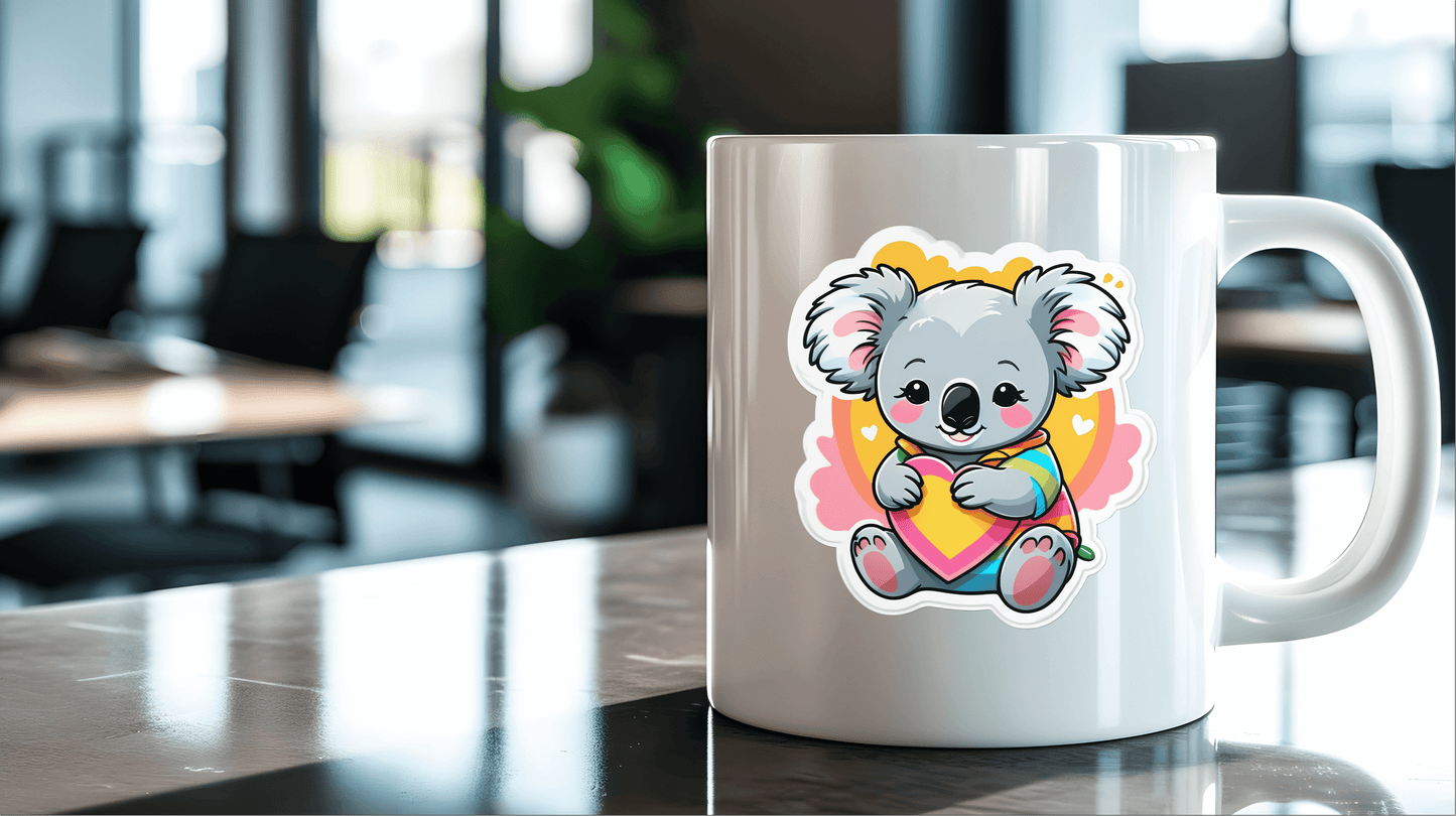 Rainbow Koala Hug Vinyl Sticker on a white mug in a modern office setting.