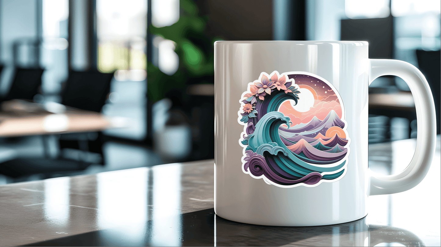 Cosmic Dreamwave Abstract Sticker on a white mug in a modern office setting showcasing vibrant colors and artistic design.