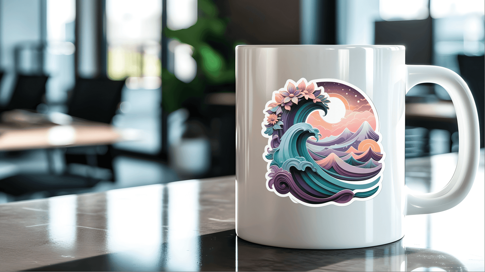 Cosmic Dreamwave Abstract Sticker on a white mug in a modern office setting showcasing vibrant colors and artistic design.