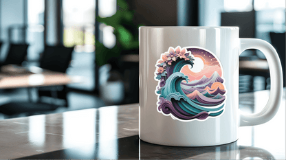 Cosmic Dreamwave Abstract Sticker on a white mug in a modern office setting showcasing vibrant colors and artistic design.