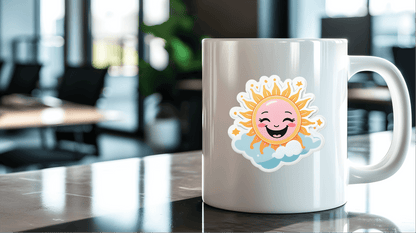 Positive Mood Aid Sticker on a white mug in a modern office setting with sunlight.