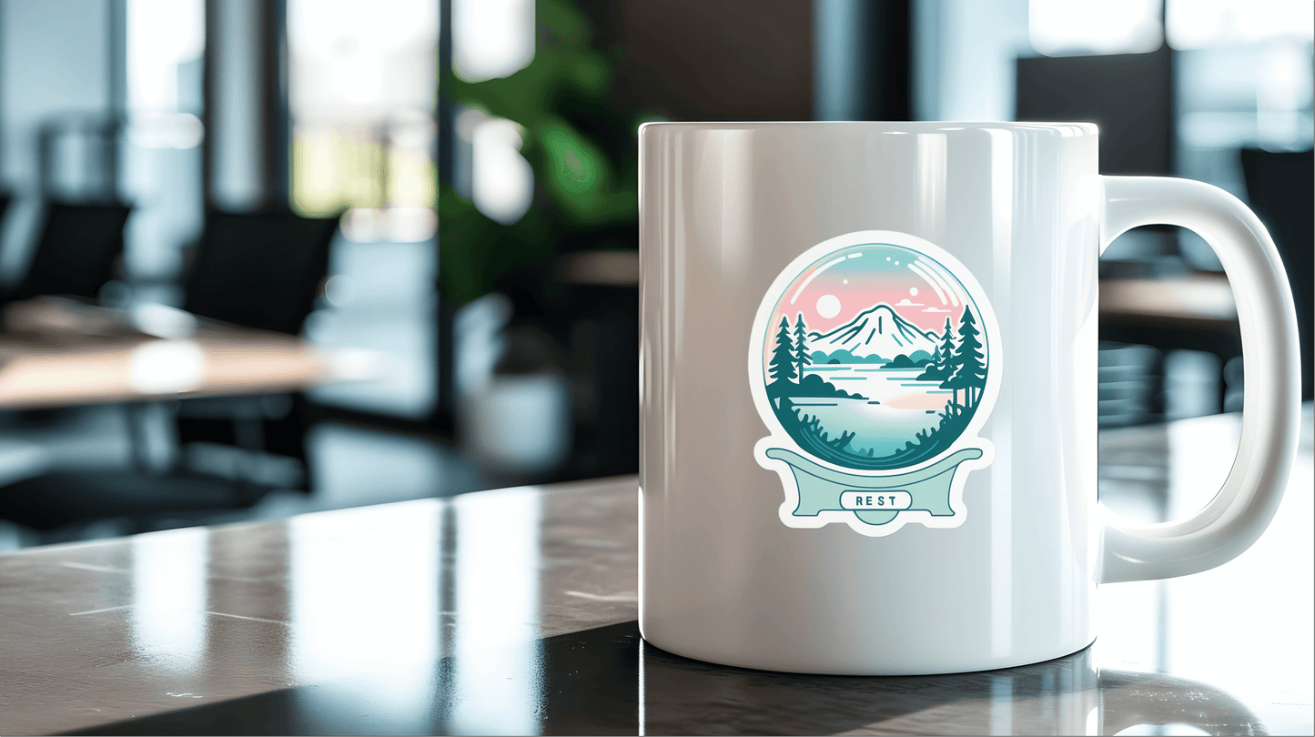 Calm Mind Club - Certified Rest Sticker on a white mug in a modern workspace.