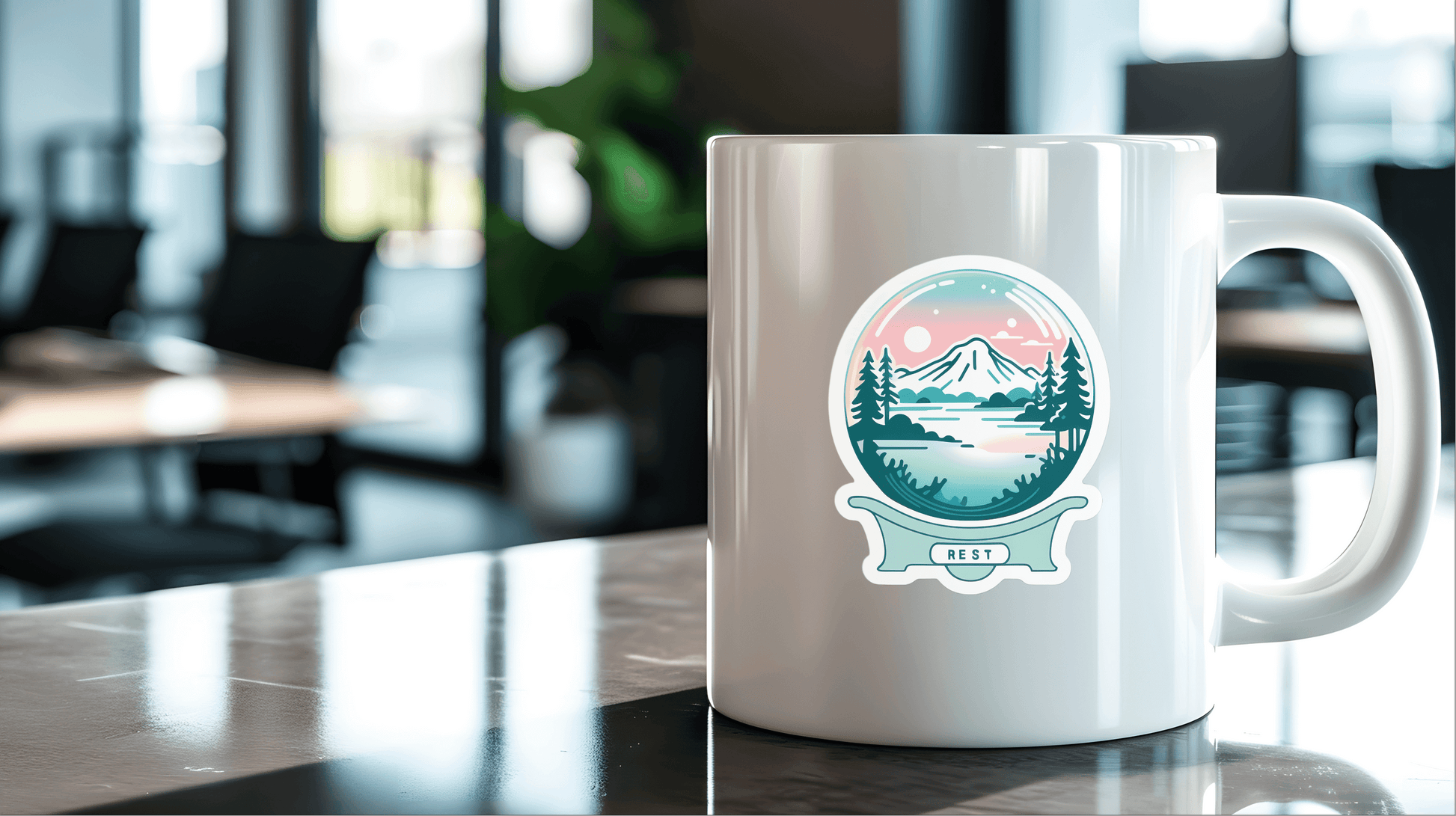 Calm Mind Club - Certified Rest Sticker on a white mug in a modern workspace.