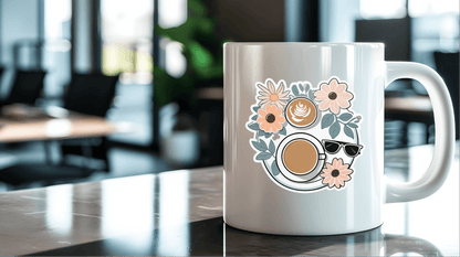 Aesthetic Brunch Babe Sticker on a white mug with floral design and coffee illustration.