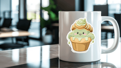 Matcha Croissant Cupcake Sticker on a mug in a stylish café setting, showcasing cute foodie vibes.