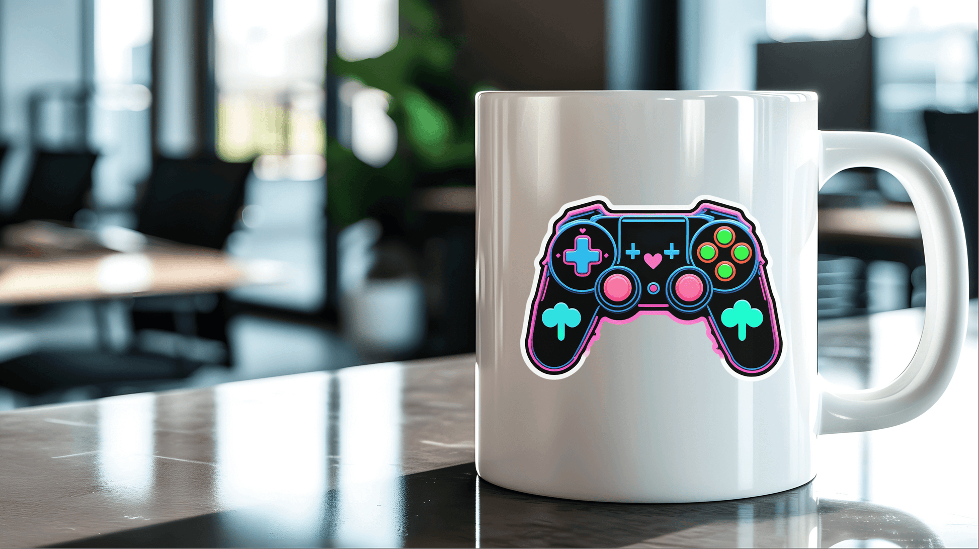 Level Up Neon Controller Vinyl Sticker on a white coffee mug in a modern workspace setting.