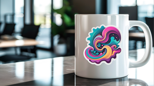 Psychedelic Muse: Abstract Dreams Edition Vinyl Sticker on a white mug in a modern office setting.