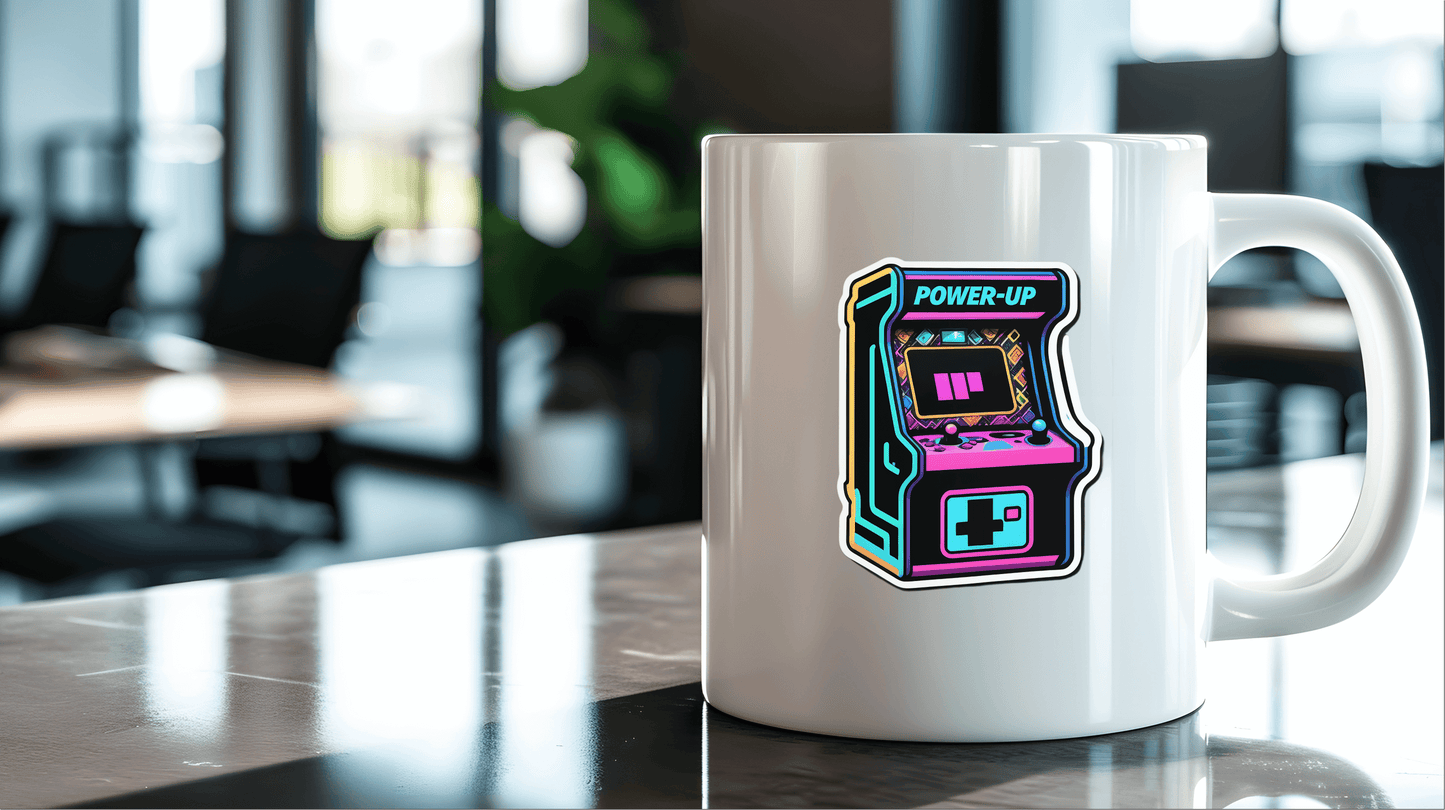 Retro Arcade Power vinyl sticker on a white mug in a modern office setting.