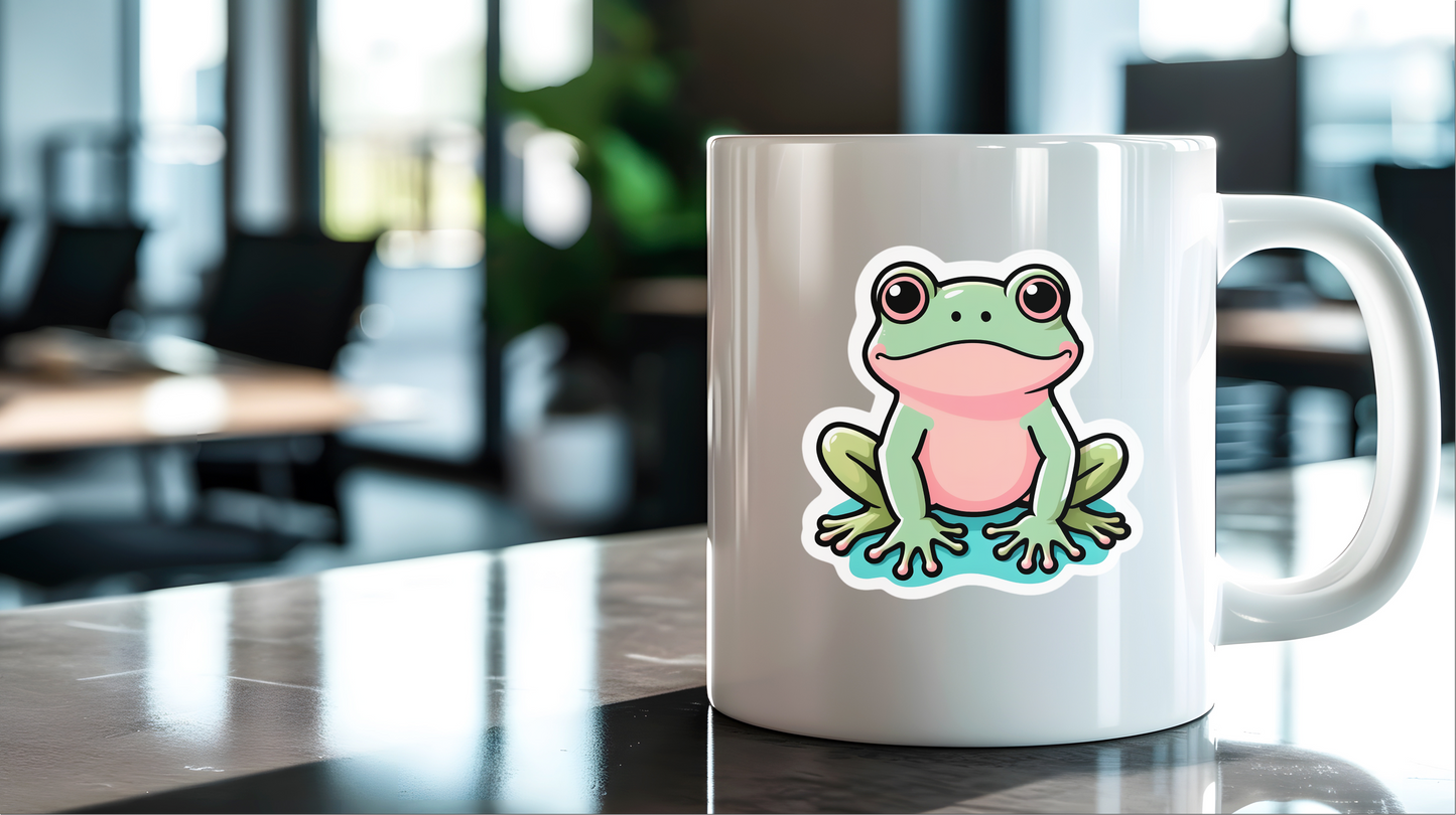 Doodle Espressive Frog Vinyl Sticker on a white mug in a modern office setting.