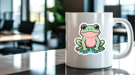 Doodle Espressive Frog Vinyl Sticker on a white mug in a modern office setting.