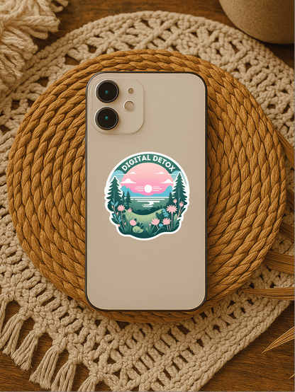 Digital Detox Mode: Minimalist Tech Break Vinyl Sticker on a phone placed on a woven mat.