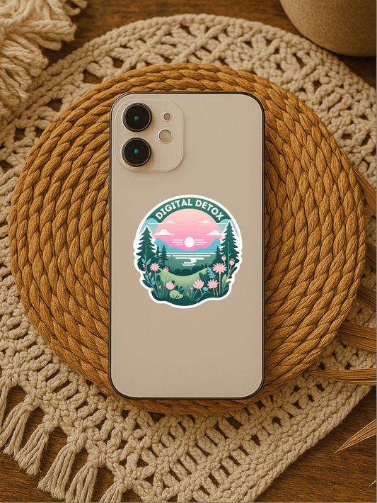 Digital Detox Mode: Minimalist Tech Break Vinyl Sticker on a phone placed on a woven mat.