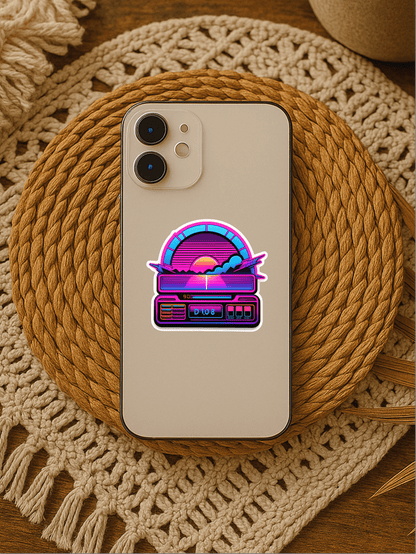 Retrowave Productivity Dashboard Sticker on a phone, showcasing a vibrant retro design on a woven mat.