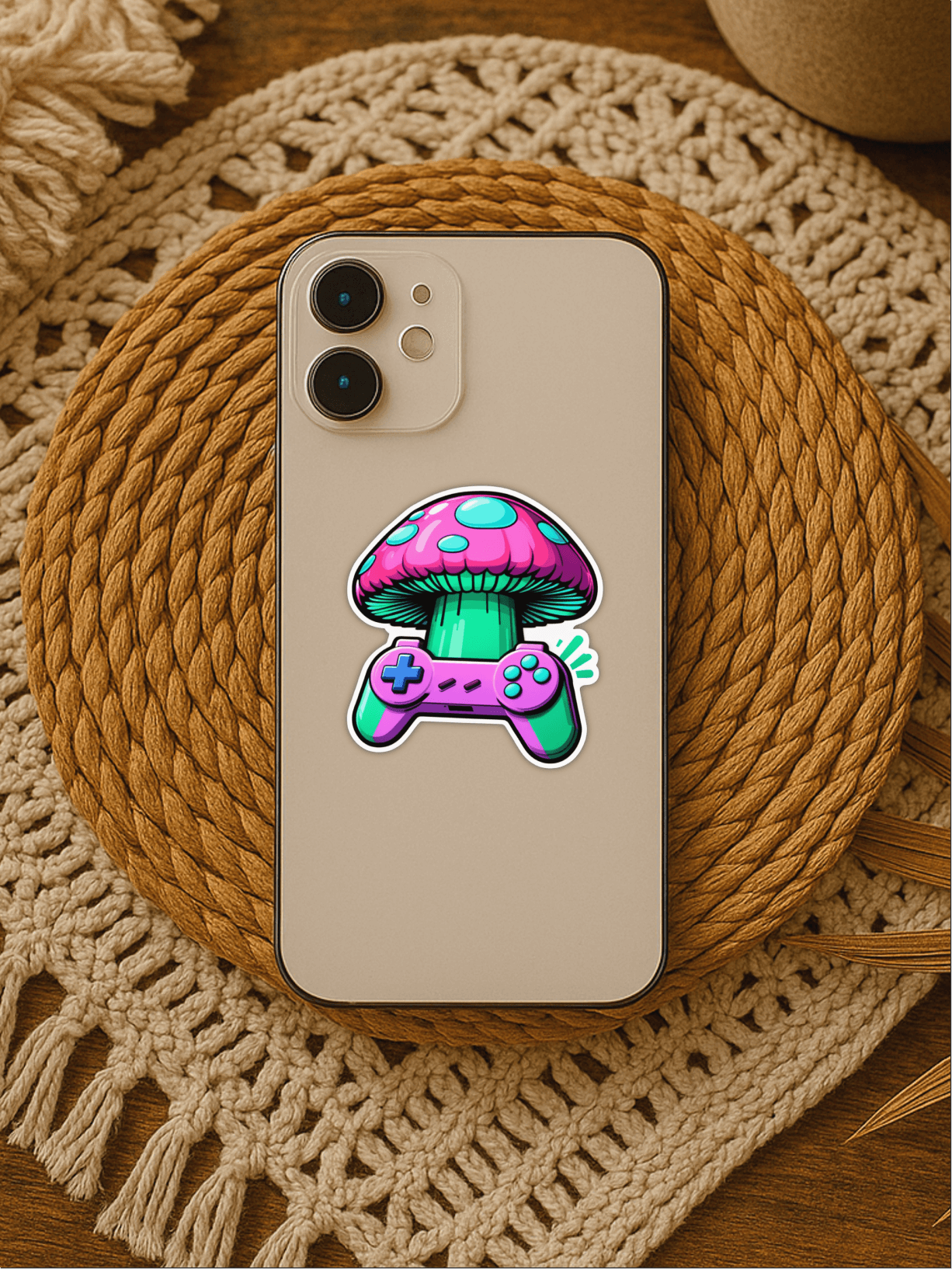 Pixel Power-Up: Retro Gaming Nostalgia Sticker on a smartphone case with mushroom and game controller design.