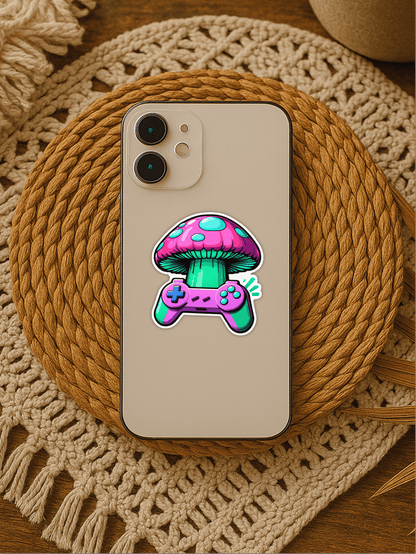 Pixel Power-Up: Retro Gaming Nostalgia Sticker on a smartphone case with mushroom and game controller design.