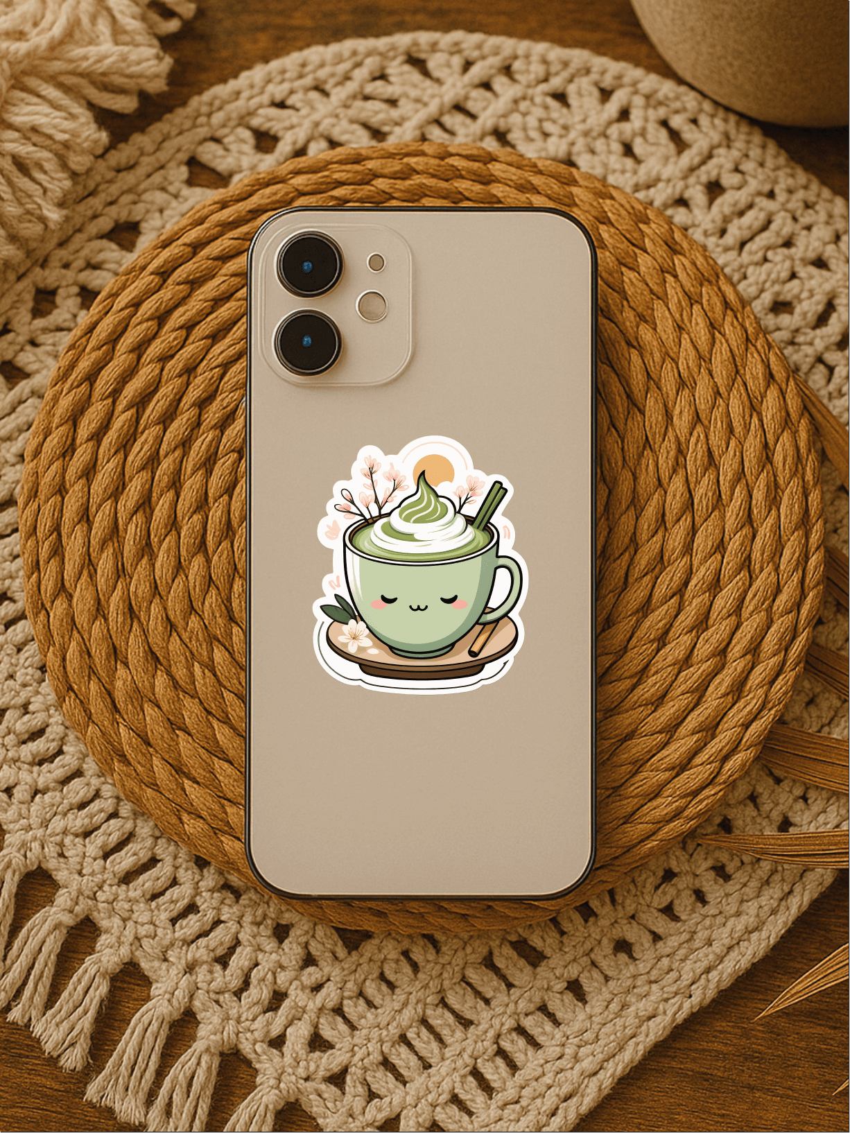 Matcha Morning Aesthetic Vinyl Sticker on a phone case resting on a woven mat, showcasing its colorful design.