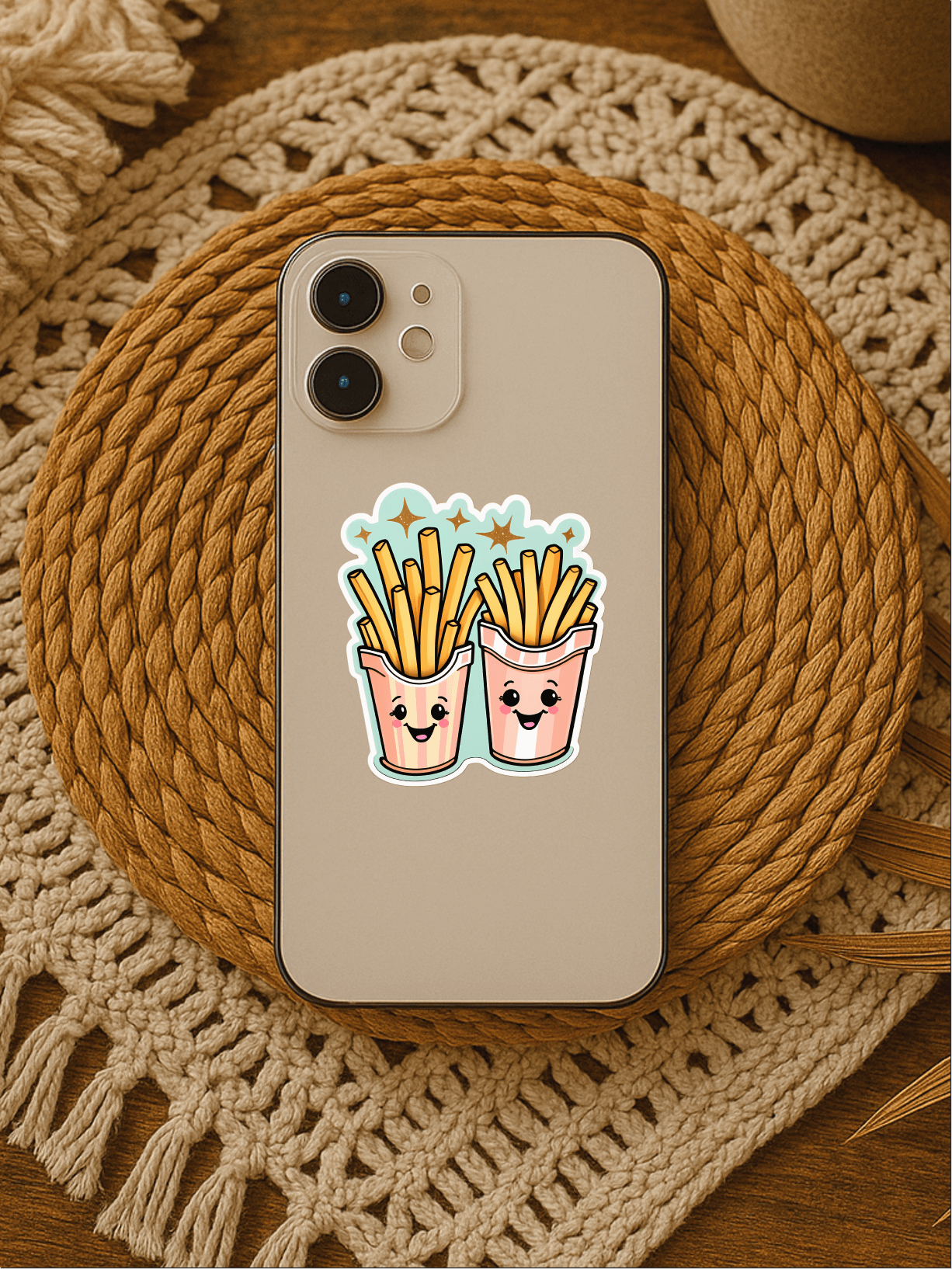 Good Vibes, Good Fries vinyl sticker on a phone, showcasing cute fries in cups for trendy snack lovers.