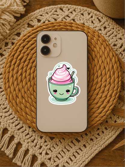 Sassy Matcha Therapy Sticker on a phone case featuring a cute tea cup design with pink frosting.