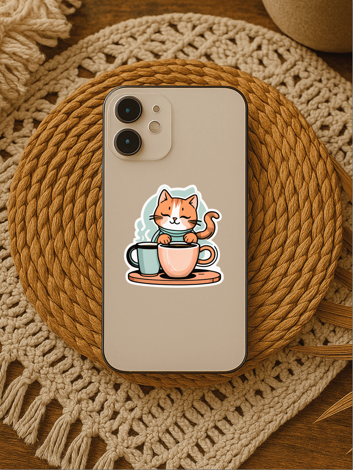 Café Cat Spill sticker on a phone case featuring a cute cat with coffee mugs, ideal for cozy workspace decoration.
