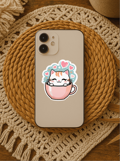 Kawaii Coffee Cat Vinyl Sticker on a phone, featuring a cute cat in a cup surrounded by hearts.