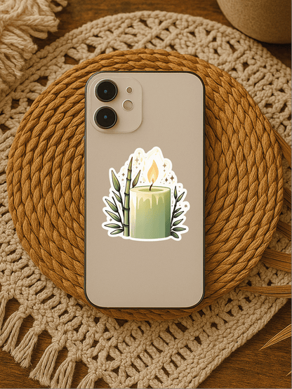 Calming Bamboo Candle Vinyl Sticker on a phone, showcasing a colorful candle design decorated with bamboo leaves.