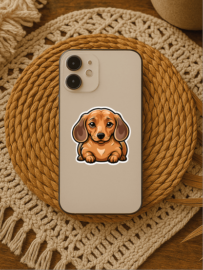 Happy Loaf Dog Vinyl Sticker on a phone case resting on a woven mat, perfect for personalizing your items.