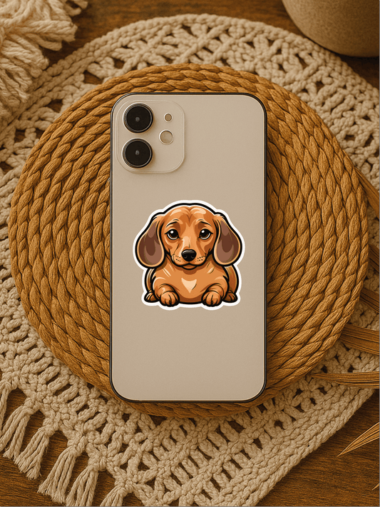 Happy Loaf Dog Vinyl Sticker on a phone case resting on a woven mat, perfect for personalizing your items.