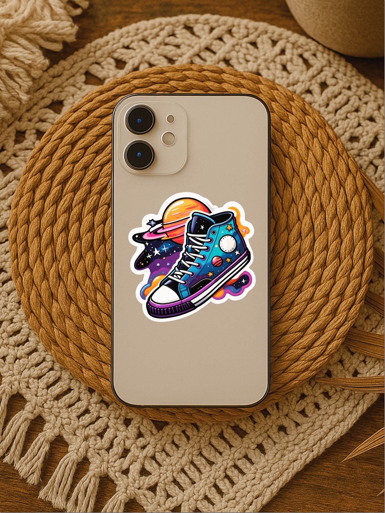 Cosmic Kicks vinyl sticker featuring retro sneakers and space elements on a smartphone.