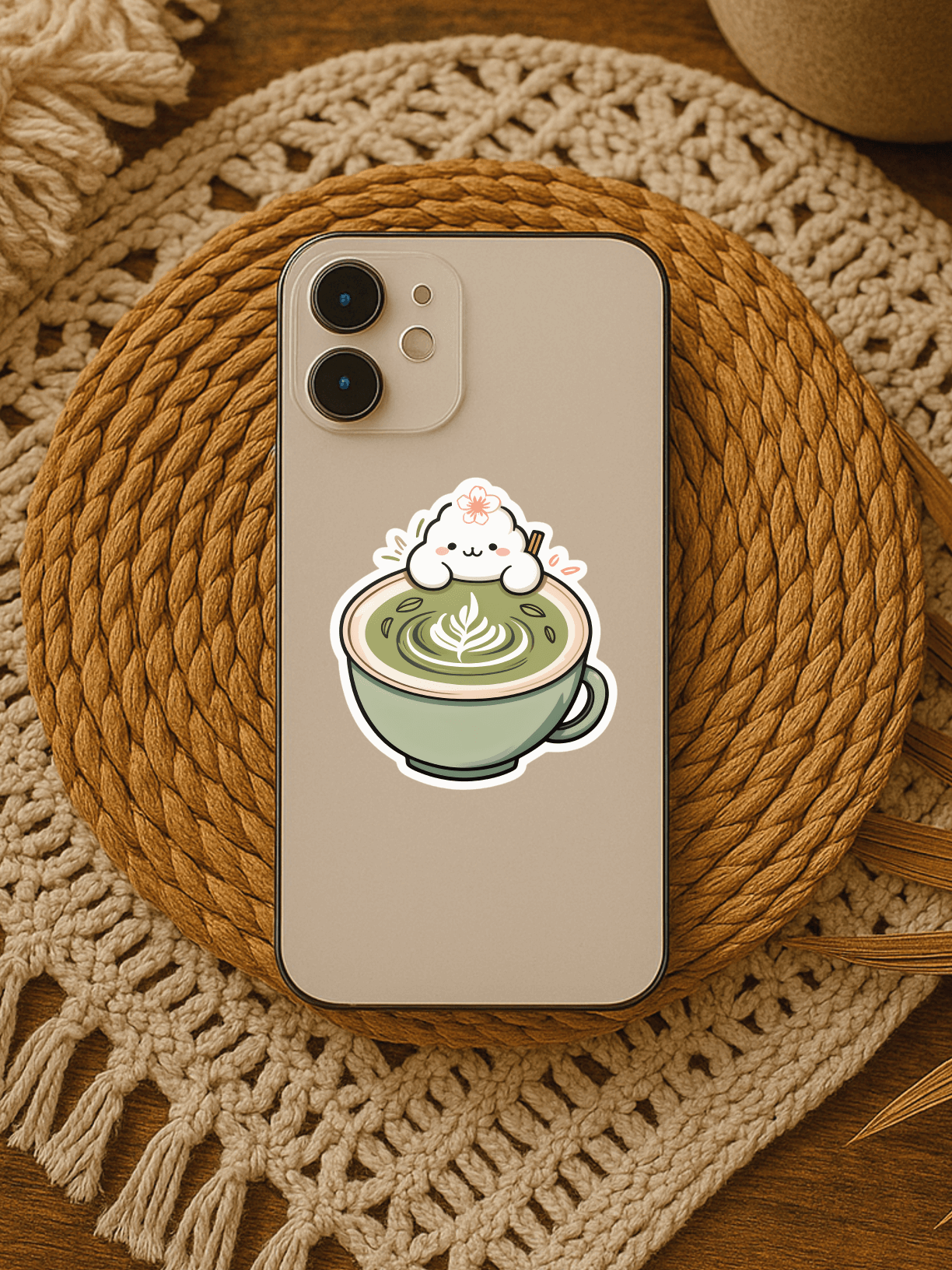 Cute Matcha Morning Aesthetic Vinyl Sticker on a phone case with a matcha latte design.