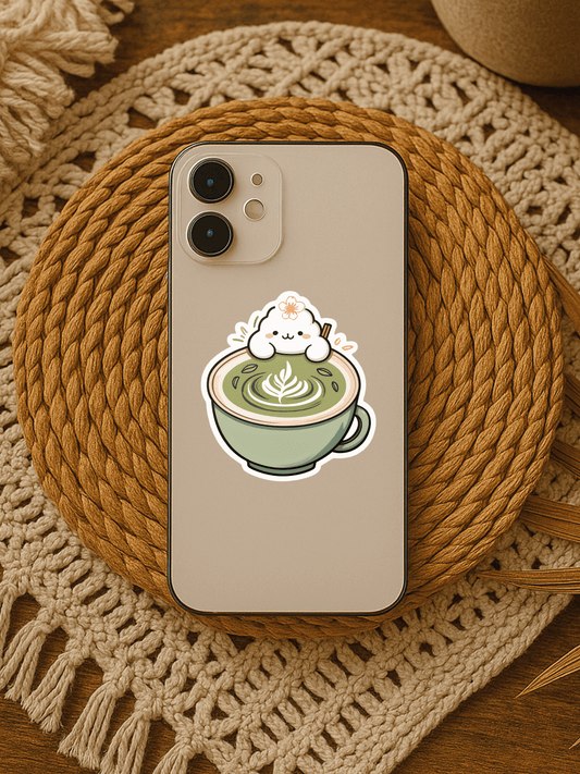 Cute Matcha Morning Aesthetic Vinyl Sticker on a phone case with a matcha latte design.