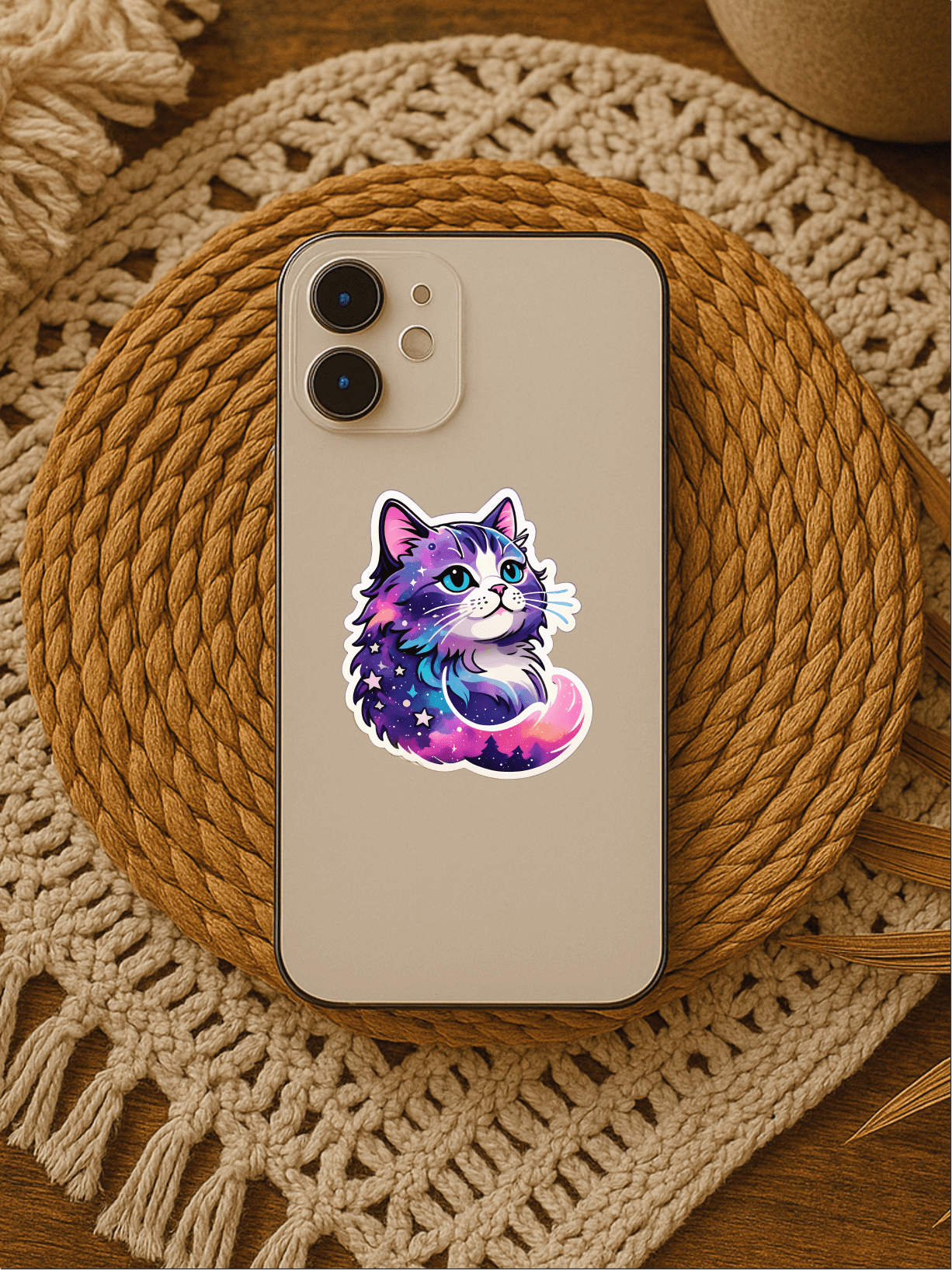 Celestial Dreams Galaxy Cat Vinyl Sticker on a phone, showcasing vibrant colors and a whimsical design.