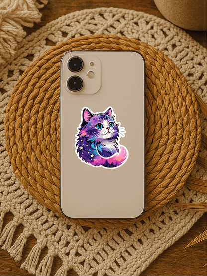 Celestial Dreams Galaxy Cat Vinyl Sticker on a phone, showcasing vibrant colors and a whimsical design.