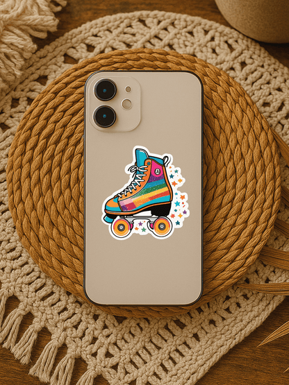 Colorful Groovy Retro Roller Skate Sticker on a phone placed on a woven table mat, perfect for personalized decoration.