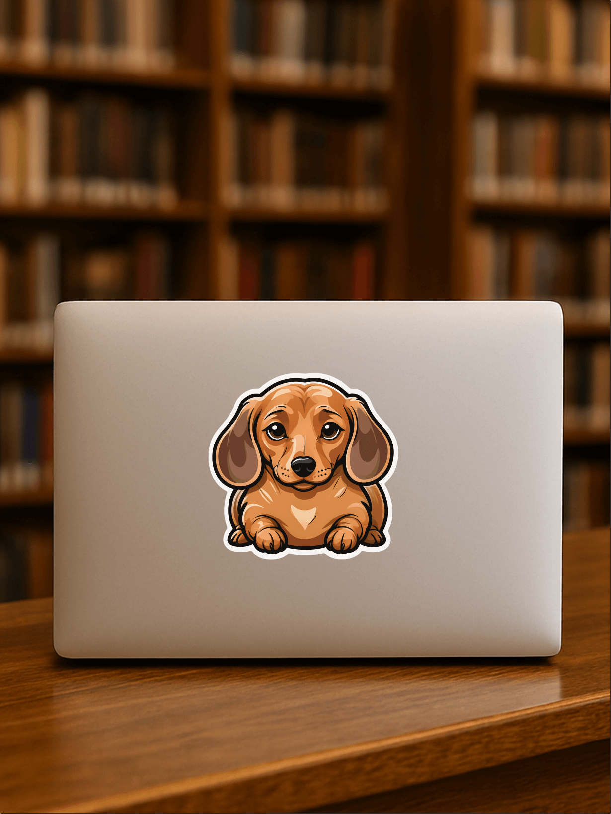 Happy Loaf Dog Vinyl Sticker on a laptop in a library setting, adding personality and charm.