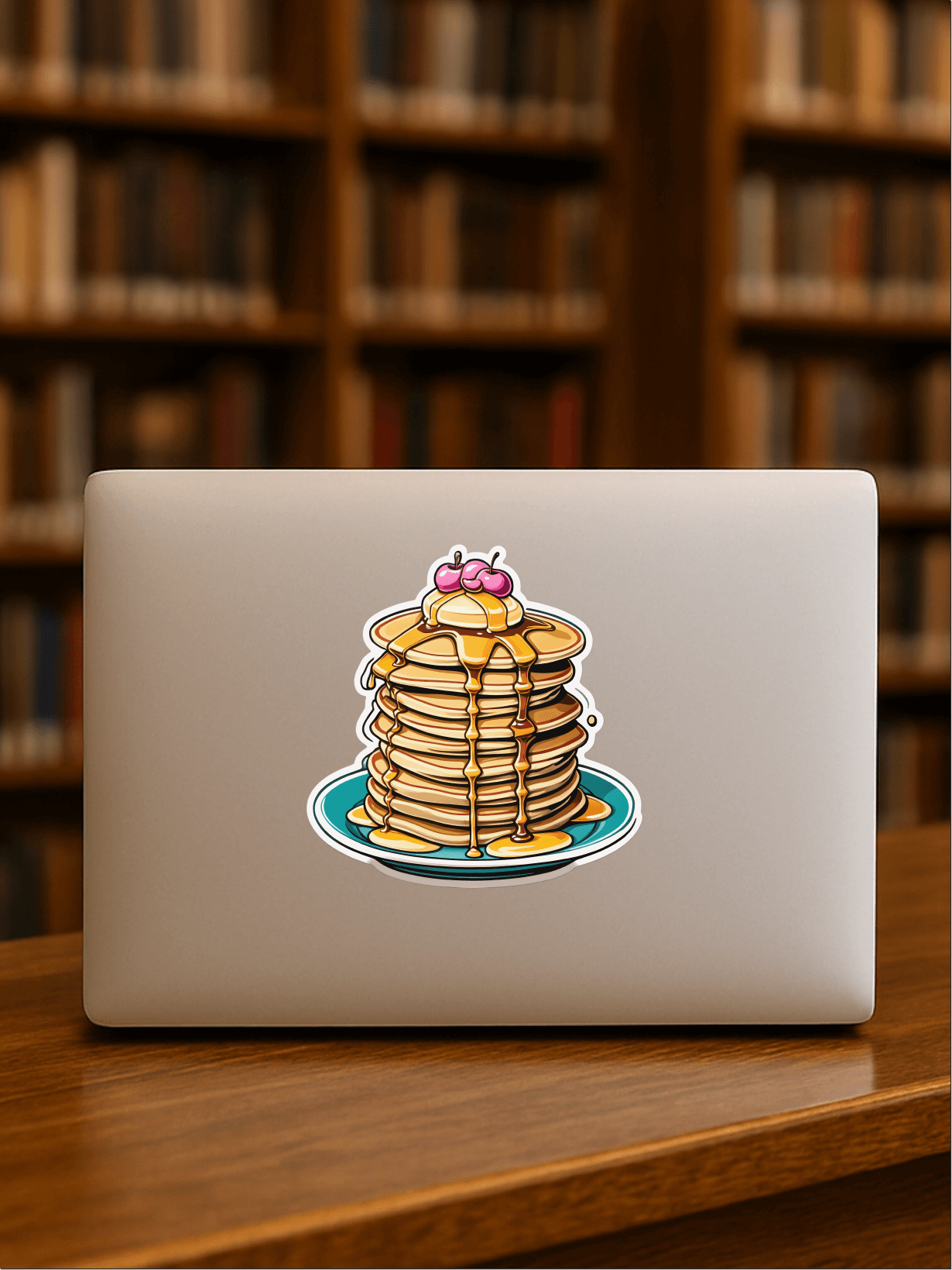 Cherry on the top Pancake Stack Vinyl Sticker on a laptop in a library setting.