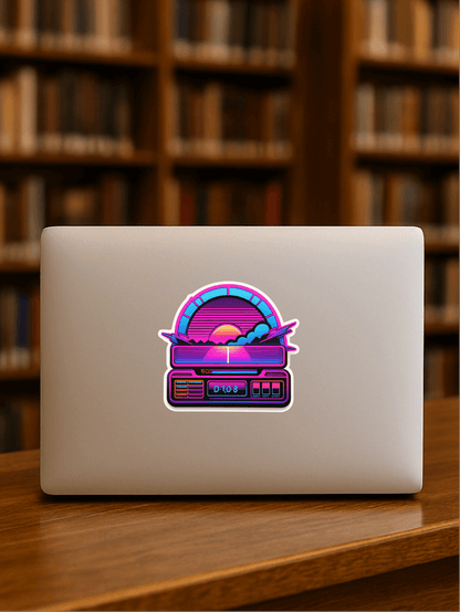 Retrowave Productivity Dashboard Sticker on a laptop in a library setting.