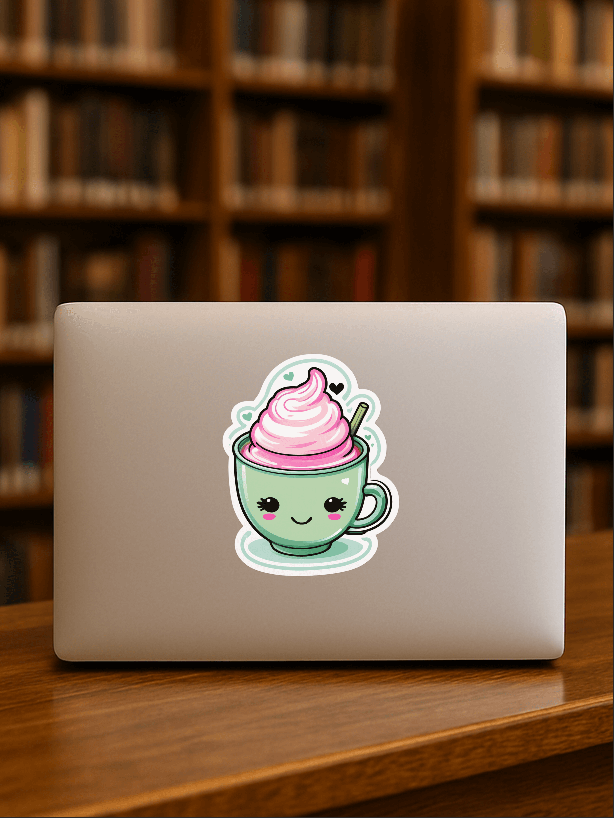 Sassy Matcha Therapy Sticker on a laptop with a cute tea cup design and pink swirl topping.