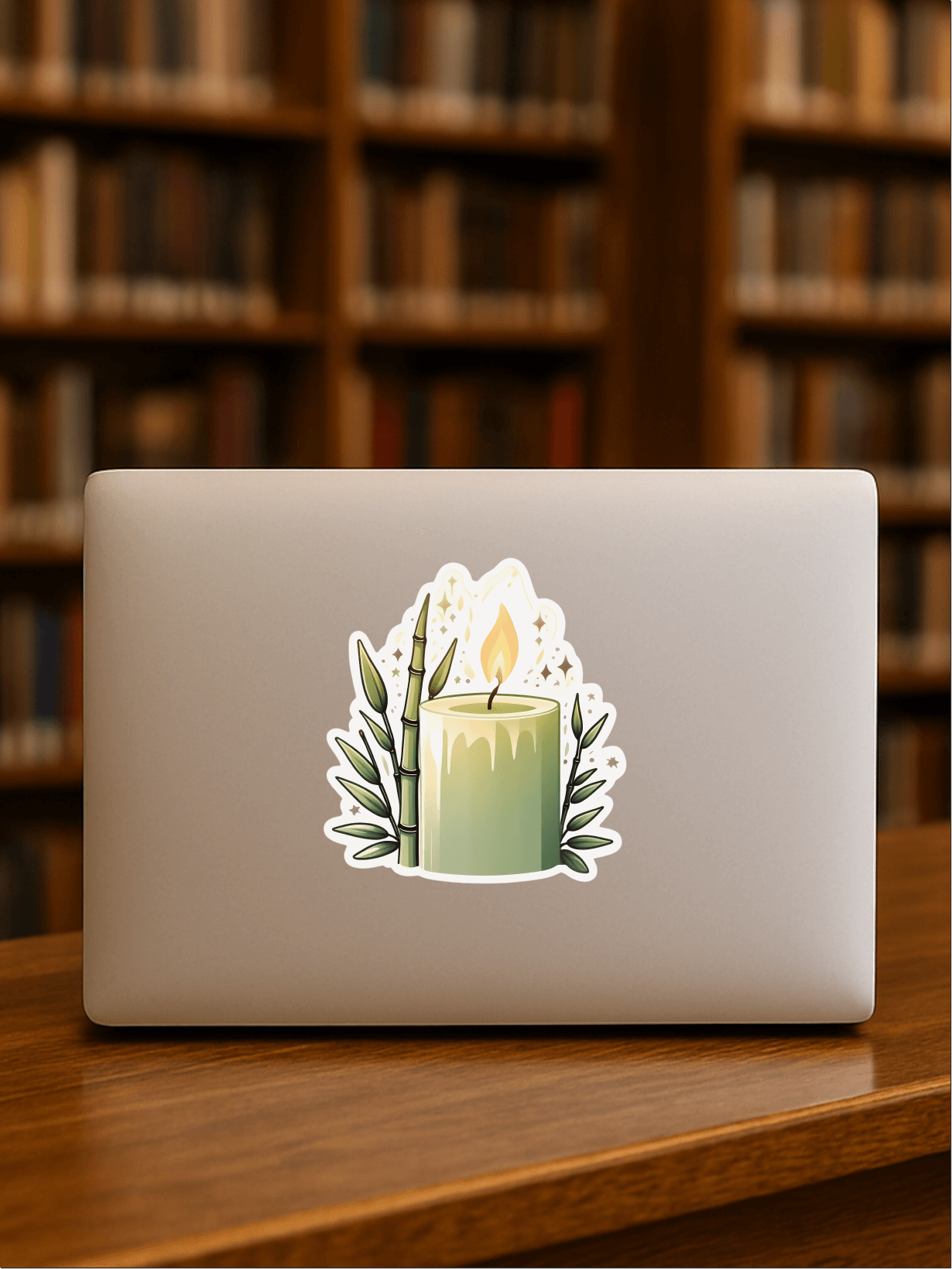 Calming Bamboo Candle Vinyl Sticker on laptop in a library setting, showcasing vibrant design and calming aesthetics.