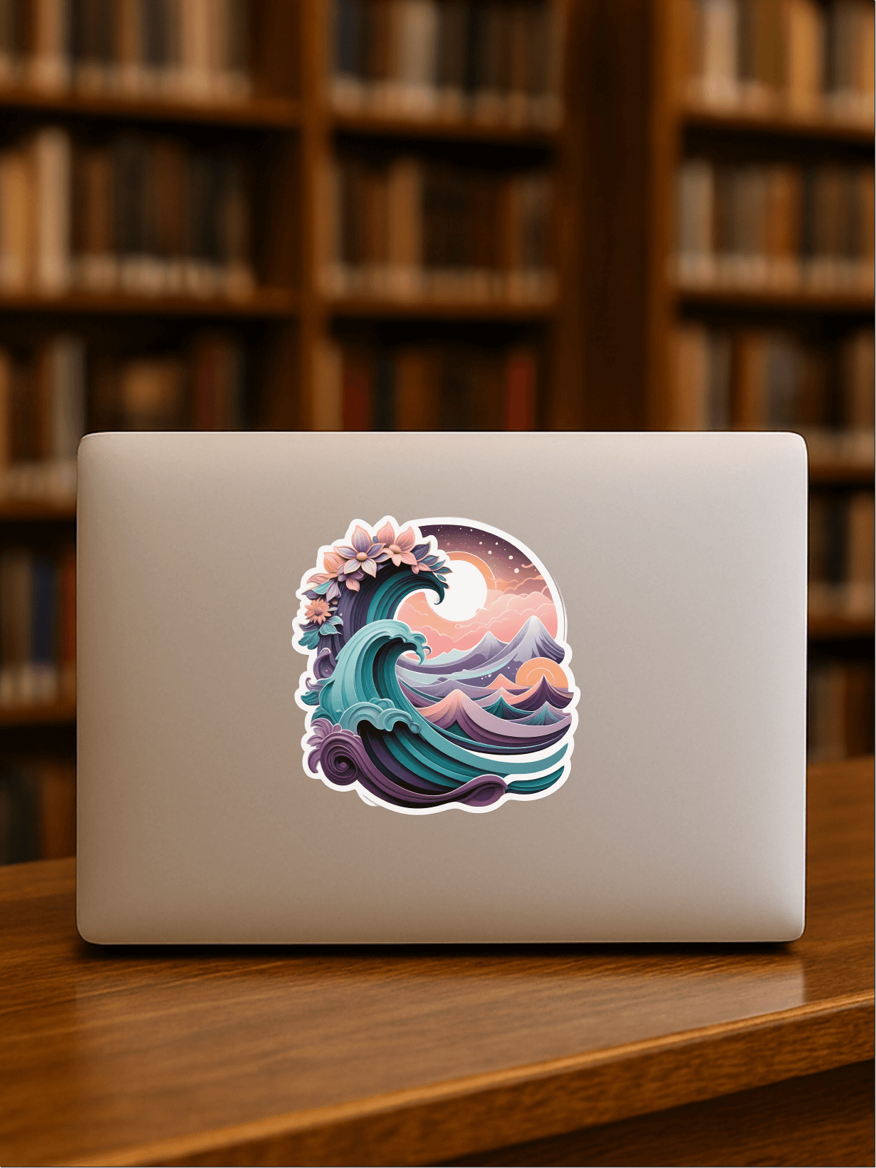 Cosmic Dreamwave Abstract Sticker on a laptop in a library, showcasing vibrant waves and floral elements.