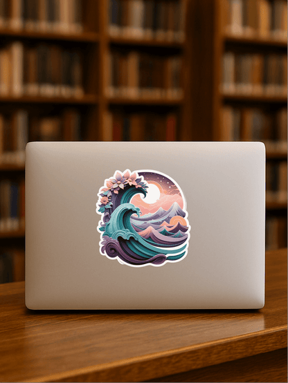 Cosmic Dreamwave Abstract Sticker on a laptop in a library, showcasing vibrant waves and floral elements.
