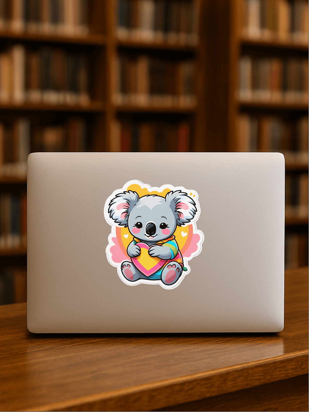 Rainbow Koala Hug Vinyl Sticker on a laptop in a library setting, showcasing a cute koala design.